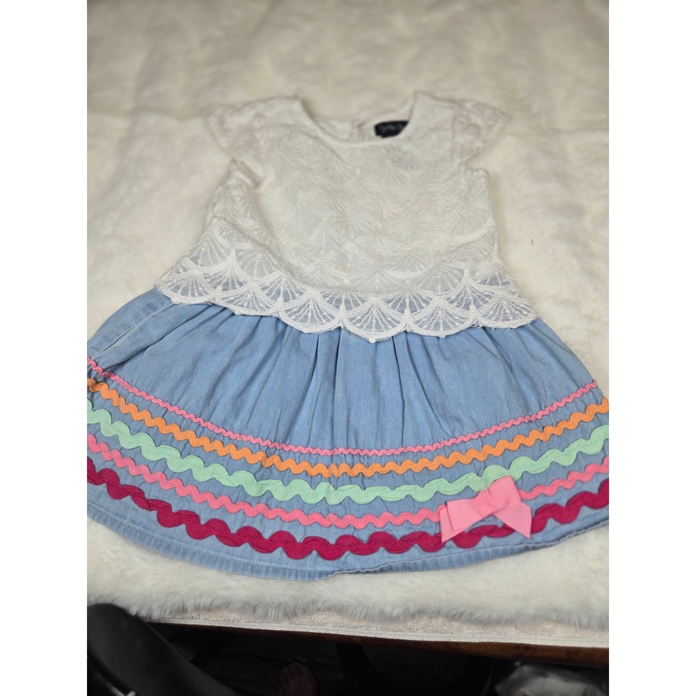 Cynthia Rowley 24M Baby Girls Lace Denim Rickrack Bow Dress White Blue Short Slv
